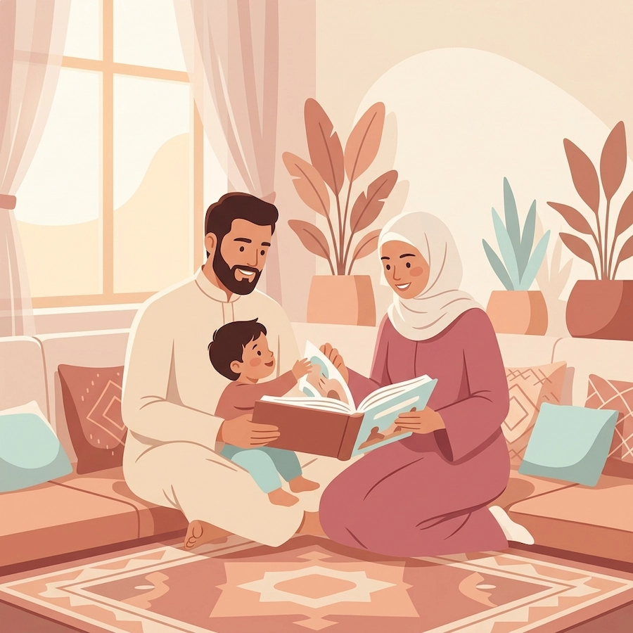 Couple reading book with child 202605131759